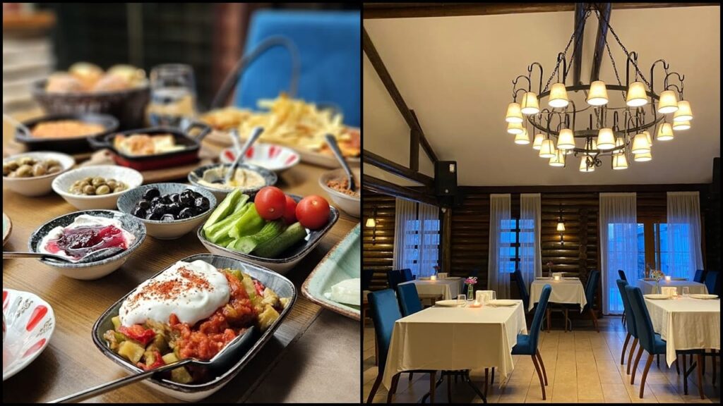 طاولة إفطار رمضان في Dafne Restaurant بأنقرة، مزينة بأطباق تركية تقليدية مثل المشاوي، المقبلات، الخبز الطازج، والحلويات الشرقية، وسط أجواء رمضانية دافئة وإضاءة مميزة.

