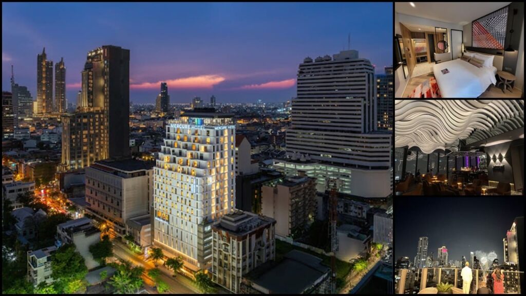 صورة لثنائي يجلس على طاولة مزينة بالزهور والشموع في فندق Mercure Bangkok Surawong خلال احتفالات عيد الحب. تتضمن الخلفية ديكوراً رومانسياً مع أضواء خافتة تعزز أجواء الحب والاحتفال.