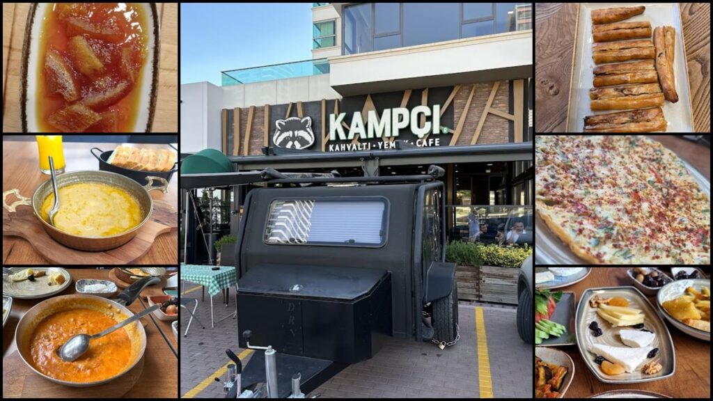 طاولة إفطار رمضان في Kampçı Kahvaltı•Yemek•Cafe بأنقرة، مليئة بالمأكولات التركية التقليدية مثل الفطائر، الجبن، الزيتون، والعسل، مع أجواء دافئة وإضاءة رمضانية جميلة.

